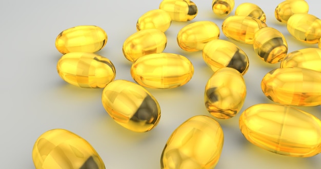 Lots of omega capsules top view Omega 3 acid yellow gelatin capsule 3d rendering