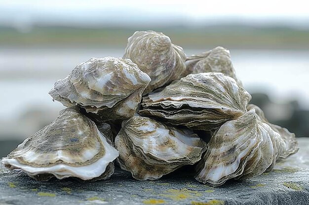 lots of oysters on a plate in the style of naturebased patternsflatlay