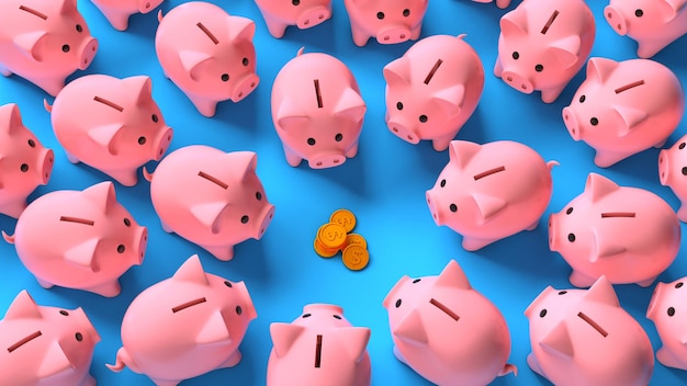 Lots of pink piggy banks around a stack of money coins on a blue background Profit sharing Saving