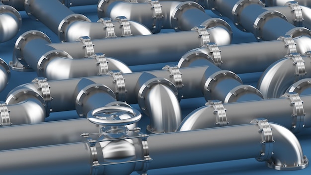 Lots of pipes bolted together at all angles Metal pipes wallpaper 3d visualization