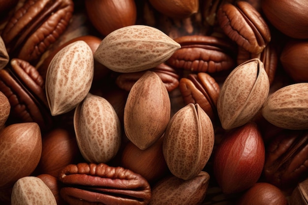 Lots of raw organic pecan nuts Pecan background Generative AI