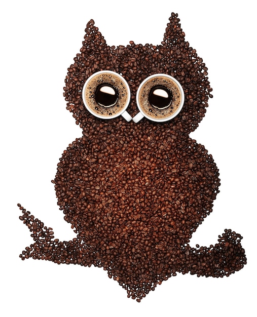 Lots of roasted coffee beans and coffee cups in a shape of an owl