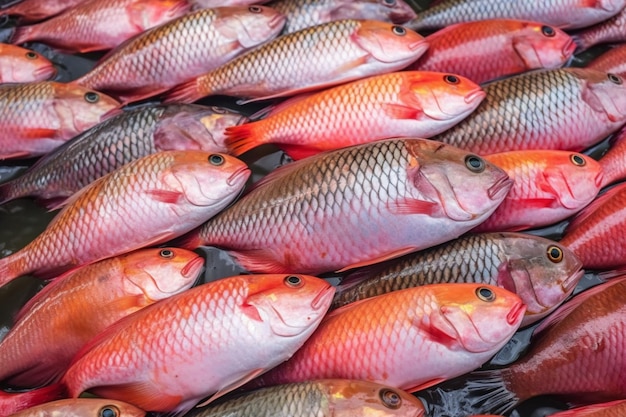 Lots of rohu fish labeo rohita fish arranged in line in indian fish market rui fish sale in asia