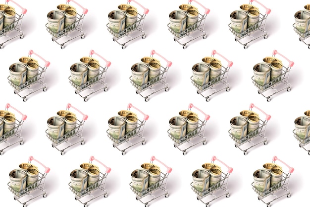 Lots of shopping carts with pink handle filled with rolls of one hundred dollar bills, pattern