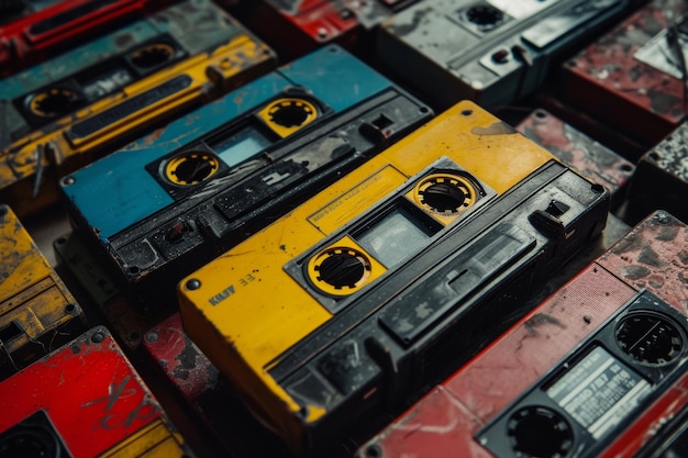 lots of vintage cassette tapes flatlay top view