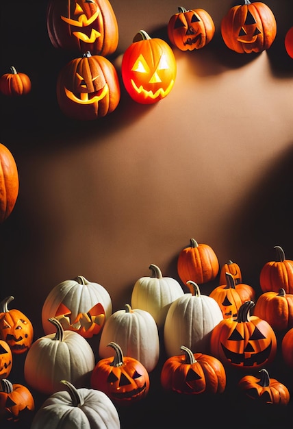 Lots of white and ginger Halloween pumpkins against a wall of faces