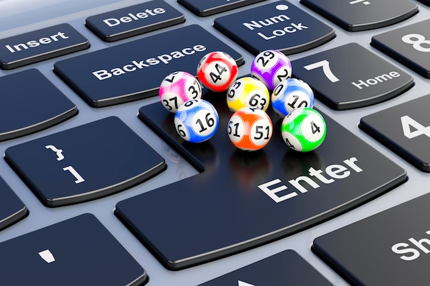 Lottery balls on laptop keyboard 3D rendering