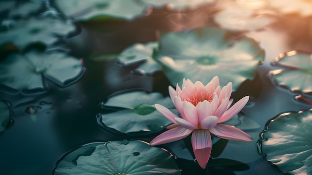 lotus flower blooming in summer pond with green leaves as background Generative AI