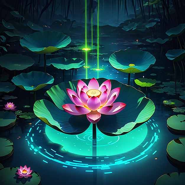 a lotus flower floating in a pond with lotus flowers in the background