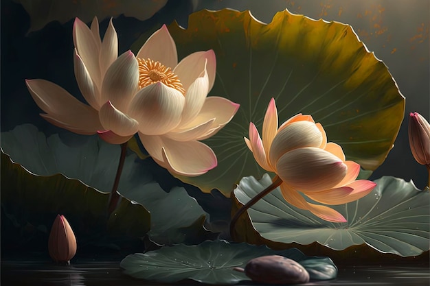 The lotus flower is painted on canvas with a brush