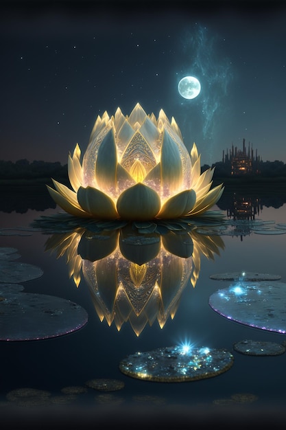 Lotus flower sitting on top of a body of water generative ai