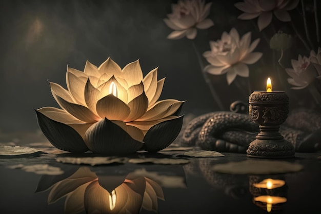 Lotus flower with candle light background Buddha purnima Vesak day Generative ai