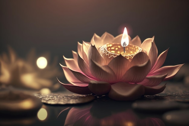 Lotus flower with candle light background Buddha purnima Vesak day Generative ai