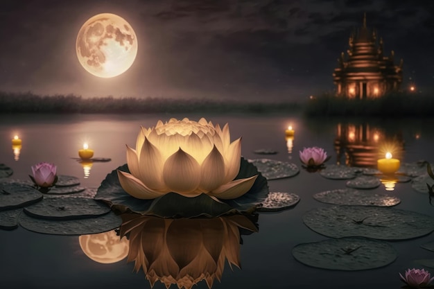 Lotus flower with candle light background Buddha purnima Vesak day Generative ai