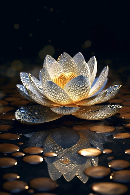 A lotus flower with gold coins on the surface