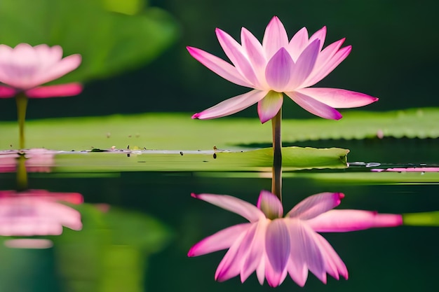 a lotus flower with the reflection of the lotus flower in the water