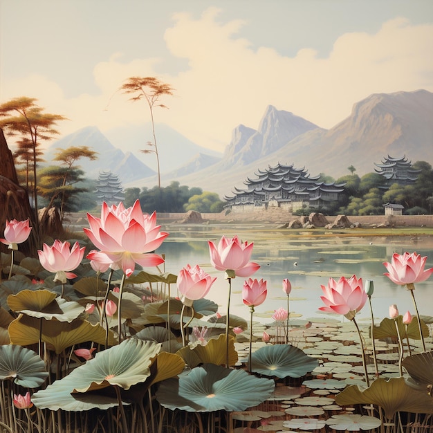 lotus flowers bloom beautifully in the lake and as a backdrop to the mountain view generated ai