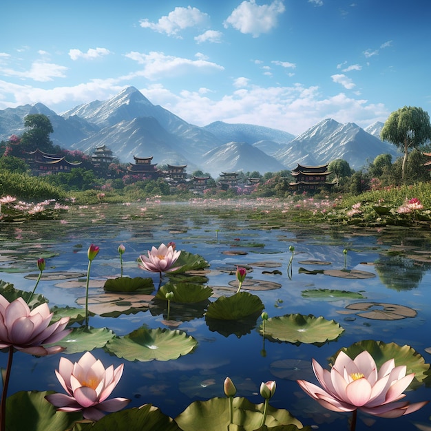 lotus flowers bloom beautifully in the lake and as a backdrop to the mountain view generated ai