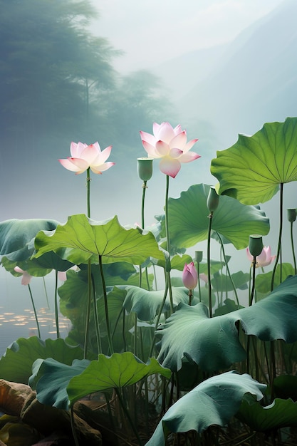 Lotus flowers and leaves background