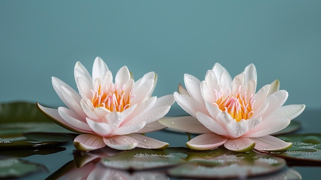 lotus flowers with leaves on a blue background