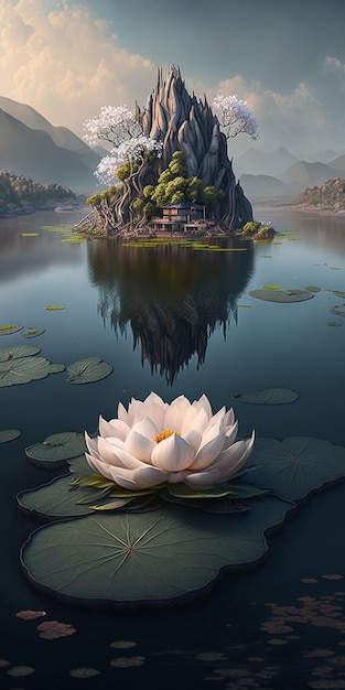 Lotus Island Castle illustration Generative ai