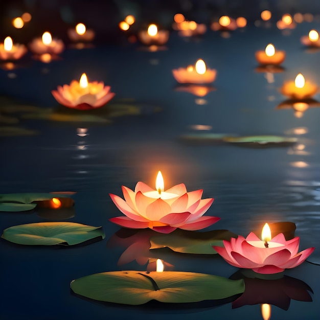 Lotus Lanterns floating on river with candle light background