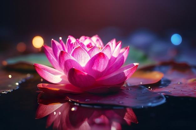 Lotus pink light purple floating light sparkle purple background generative ai