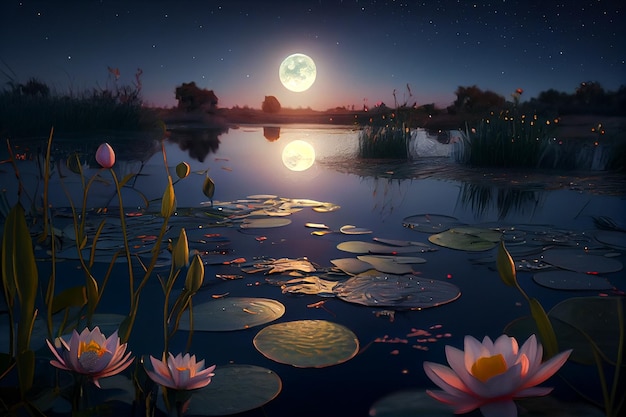 Lotus in the pond with full moon in the backgroundgenerative ai