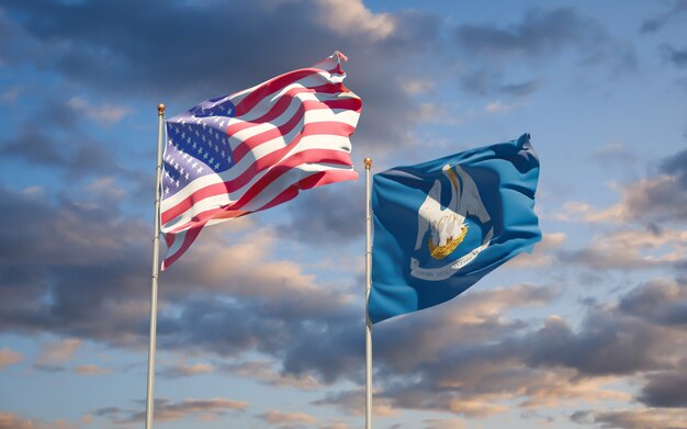 Louisiana US State Flags at sky background. 3D artwork