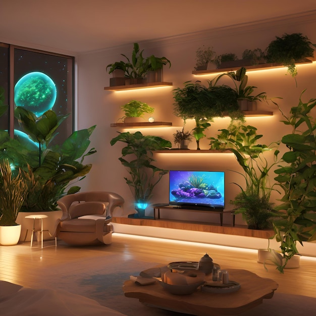 A lounge area with bioluminescent plants and ambient lighting controlled by voice commands