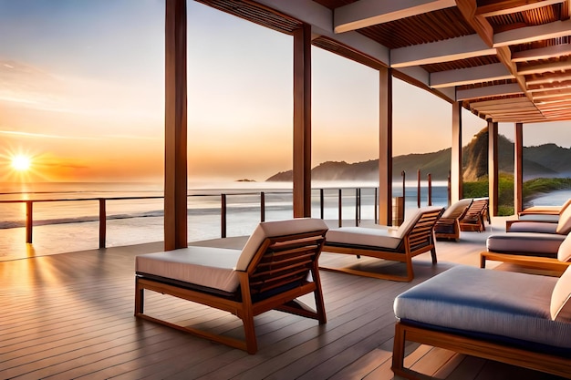 Lounge chairs on a deck overlooking the ocean