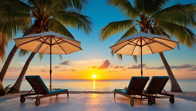 Photo lounge chairs with a palm tree and a sunset in the background