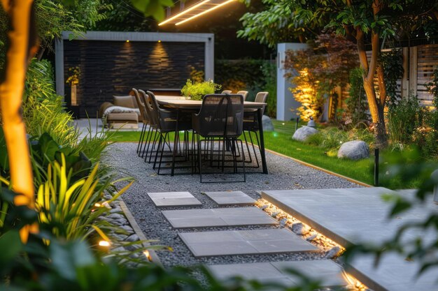 Lounge and dining area at modern residential backyard decorated with outdoor lights plants garden table and chairs