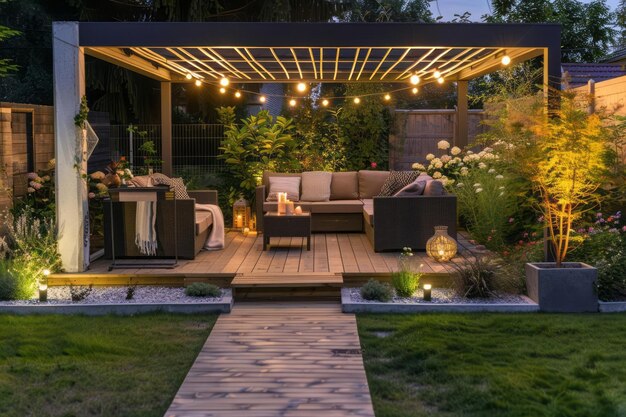 Lounge and dining area at modern residential backyard decorated with outdoor lights plants garden table and chairs