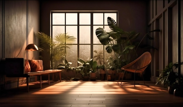 A lounge interior with a plant and other furniture