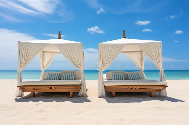 Photo lounge on tropical beach beds with a view