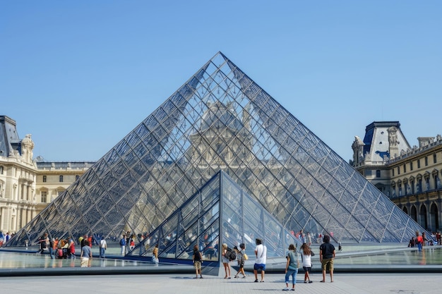 Photo the louvre museum with its glass pyramid entrance surrounded by visitors