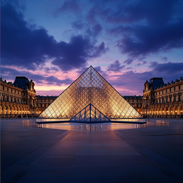 Photo the louvre museums glass pyramid entrance at twilight