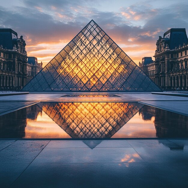 Photo louvre pyramid with a gentle sunrise glow