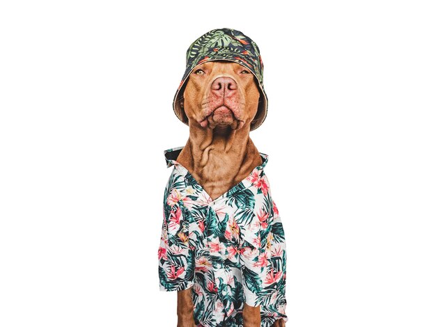 Lovable pretty brown puppy stylish shirt and sunhat