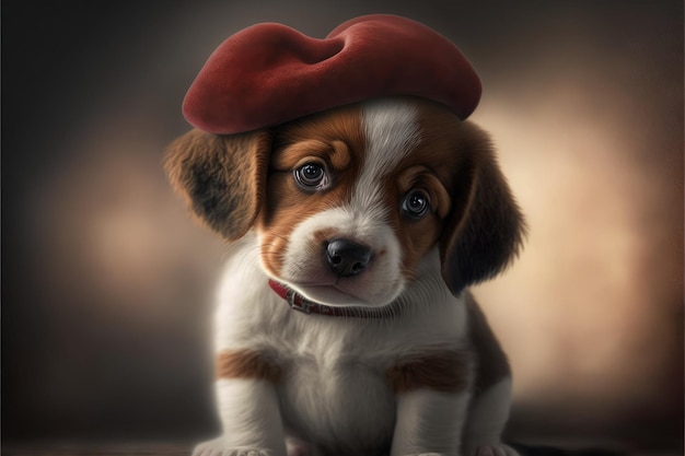 Lovable puppy with heart shaped funny hat Closeup indoors Color background Concept of love and terness Generative AI