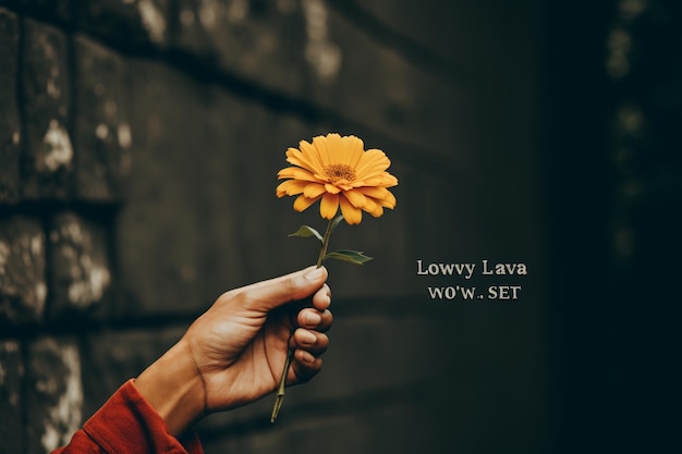 Love always wins quote on a wall and hand holding flower