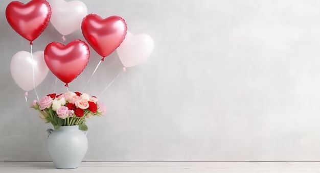 Love balloon and flower vase decoration with bokeh background and copy space