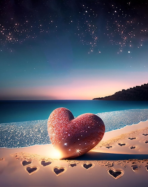 Love on the beach Beautiful night scene sky with some Love stars