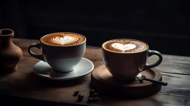 Love Brewed to Perfection Two Cups of Coffee with HeartShaped Foam Art on a Rustic Table