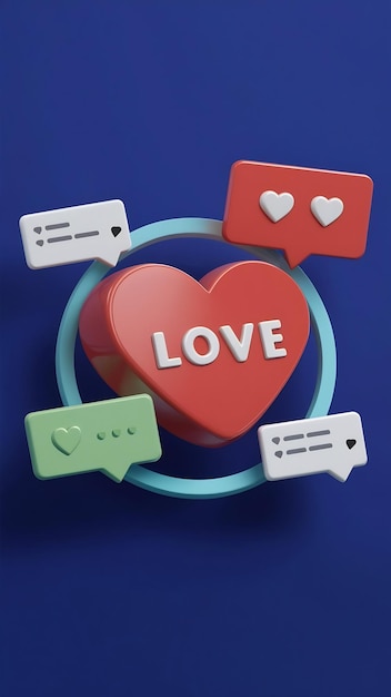 Love button notification alert on chat speech bubble notice reminder 3d cartoon illustration