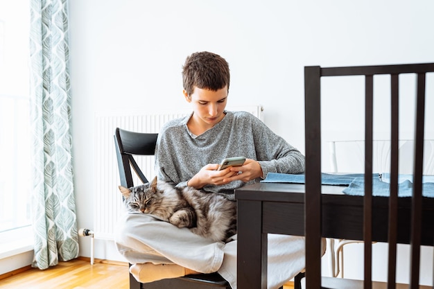 Love and care for pets, teenager and cat friends spend time together