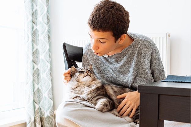 Love and care for pets, teenager and cat friends spend time together