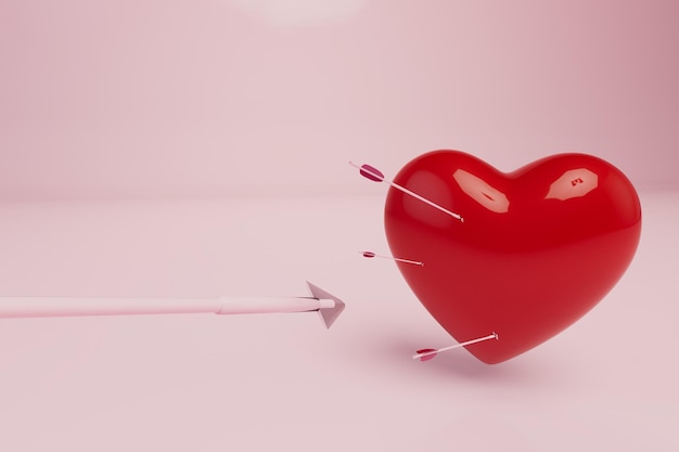 Love concept a heart pierced by several arrows on a pastel background 3d render