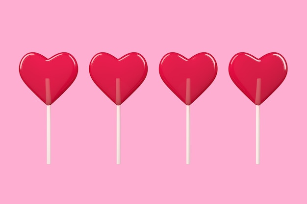 Love Concept. Red Heart Lollipop Candy on a pink background. 3d Rendering